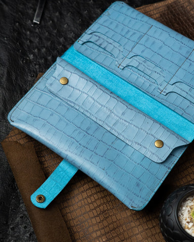 Aurora Wallet – Blue Cow CG Alligator Belly Embossed Leather - Ceylon Leather Crafts