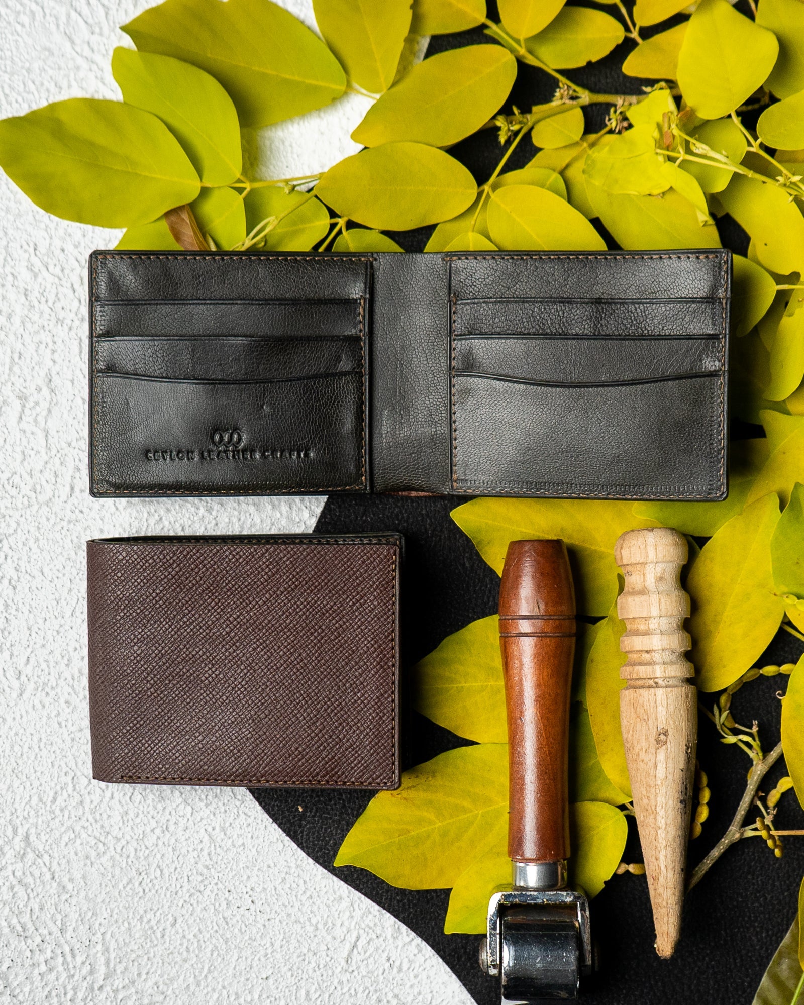 LEO Wallet – Dark Brown Saffiano & Green Goat Leather Edition - Ceylon Leather Crafts